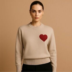 O2 Beige Sweater with Red Heart Cozy Viscose Blend Pullover Size M